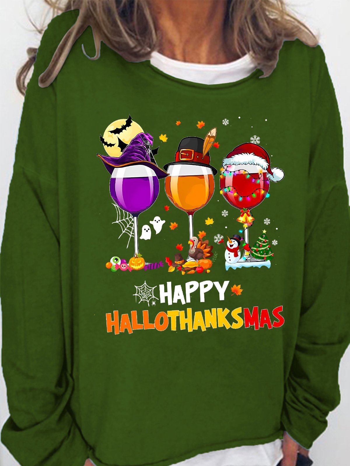 Women's Happy Hallo Thanks Mas Funny  Three Red Wine Glasses Christmas Graphic Print Casual Loose Sweatshirt