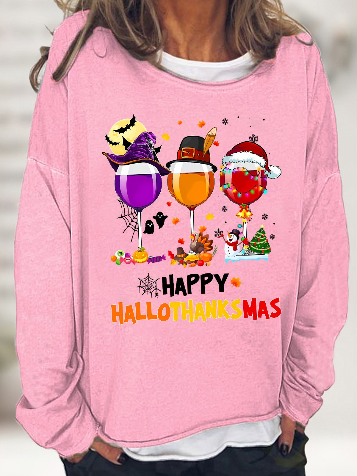 Women's Happy Hallo Thanks Mas Funny  Three Red Wine Glasses Christmas Graphic Print Casual Loose Sweatshirt