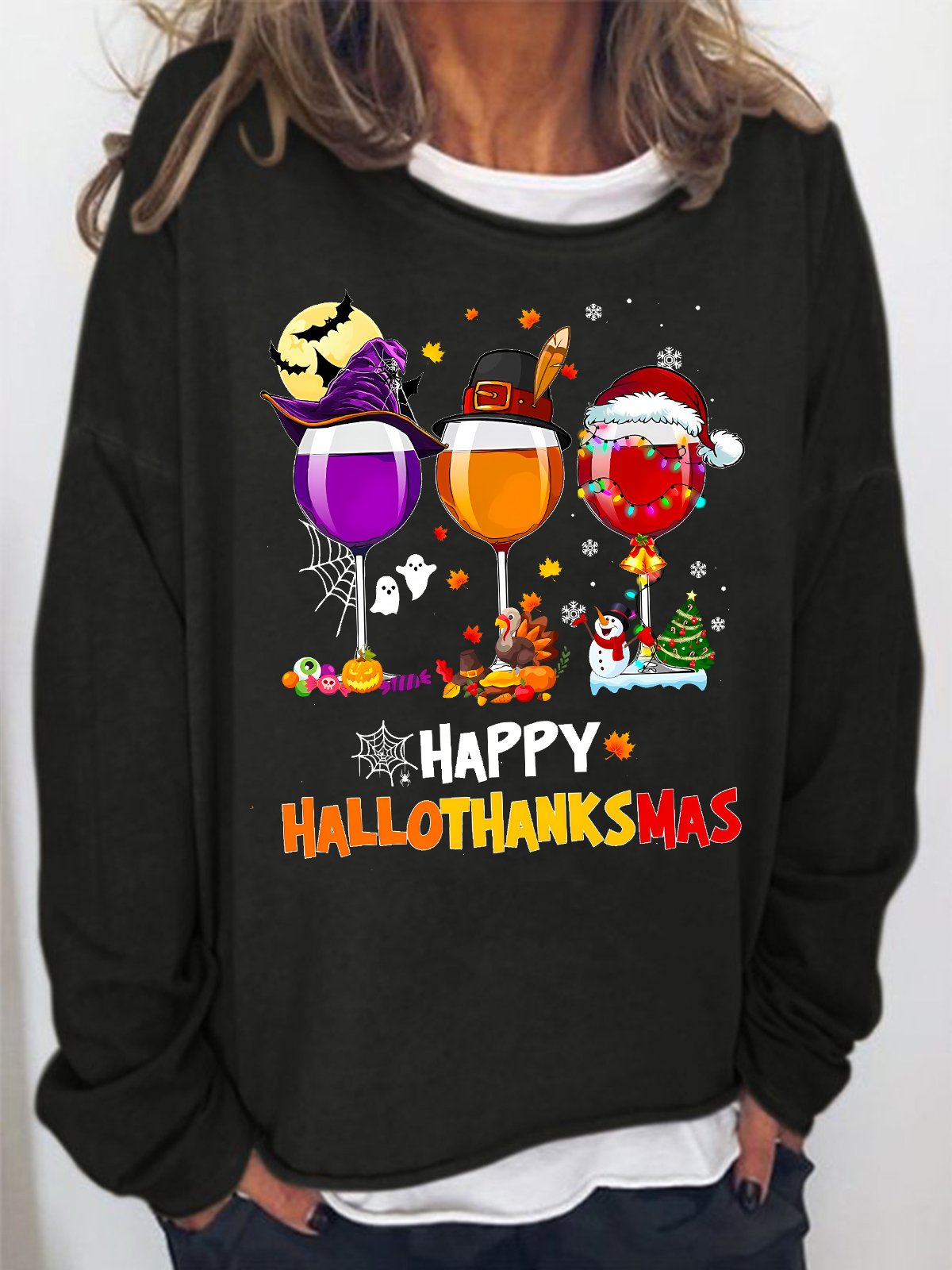 Women's Happy Hallo Thanks Mas Funny  Three Red Wine Glasses Christmas Graphic Print Casual Loose Sweatshirt