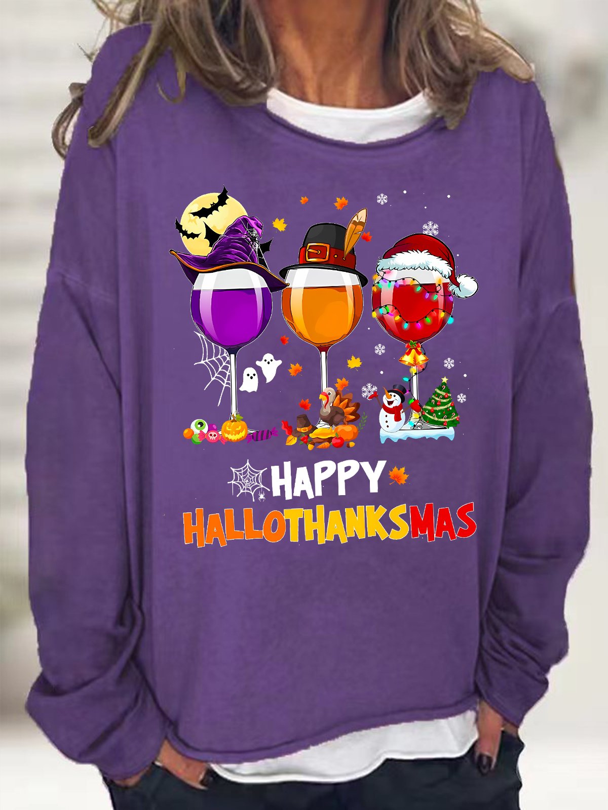 Women's Happy Hallo Thanks Mas Funny  Three Red Wine Glasses Christmas Graphic Print Casual Loose Sweatshirt