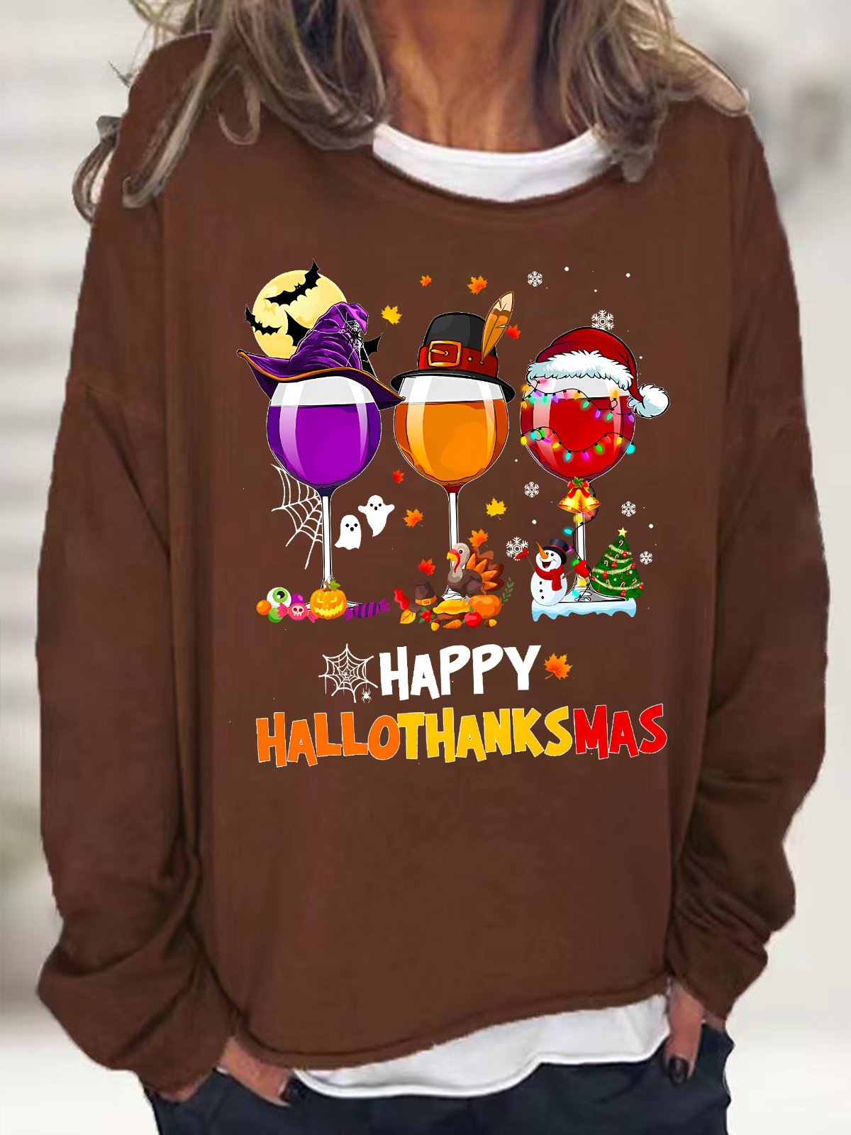 Women's Happy Hallo Thanks Mas Funny  Three Red Wine Glasses Christmas Graphic Print Casual Loose Sweatshirt