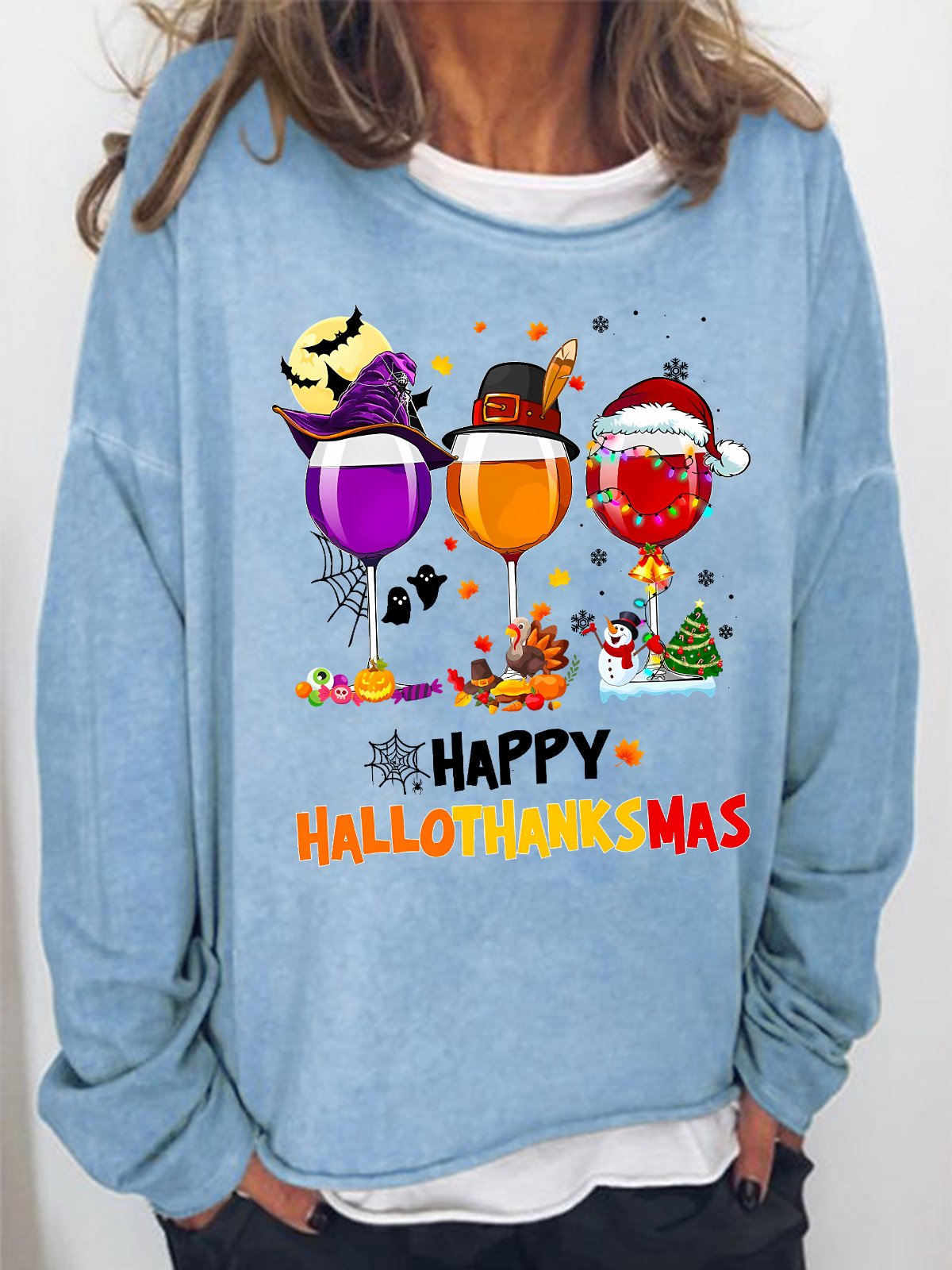 Women's Happy Hallo Thanks Mas Funny  Three Red Wine Glasses Christmas Graphic Print Casual Loose Sweatshirt