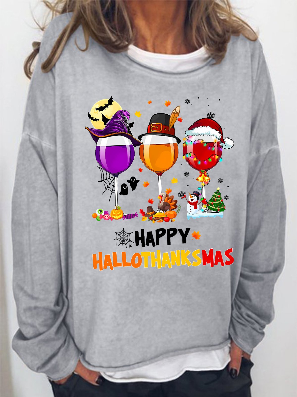 Women's Happy Hallo Thanks Mas Funny  Three Red Wine Glasses Christmas Graphic Print Casual Loose Sweatshirt