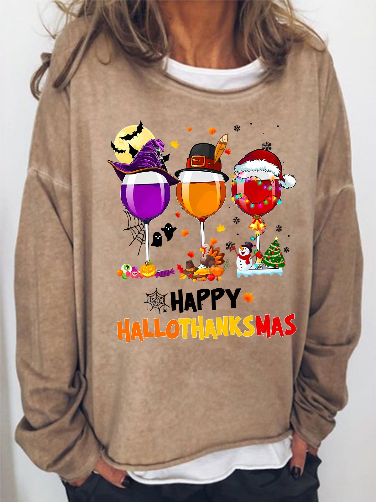 Women's Happy Hallo Thanks Mas Funny  Three Red Wine Glasses Christmas Graphic Print Casual Loose Sweatshirt