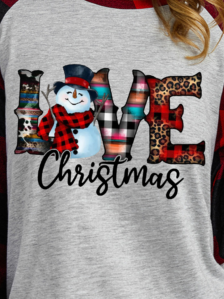 Women's Western Christmas Snowman Love Funny Buffalo Plaid Graphic Print Merry Christmas Loose Crew Neck Top