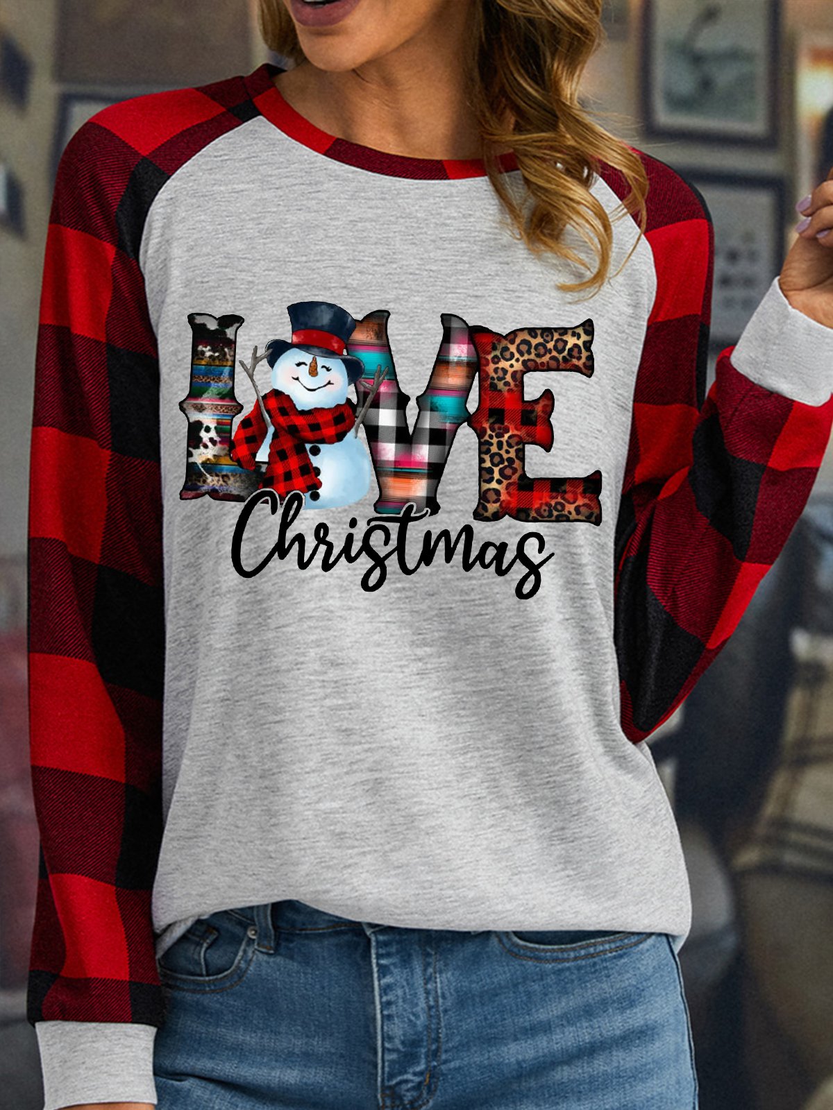 Women's Western Christmas Snowman Love Funny Buffalo Plaid Graphic Print Merry Christmas Loose Crew Neck Top