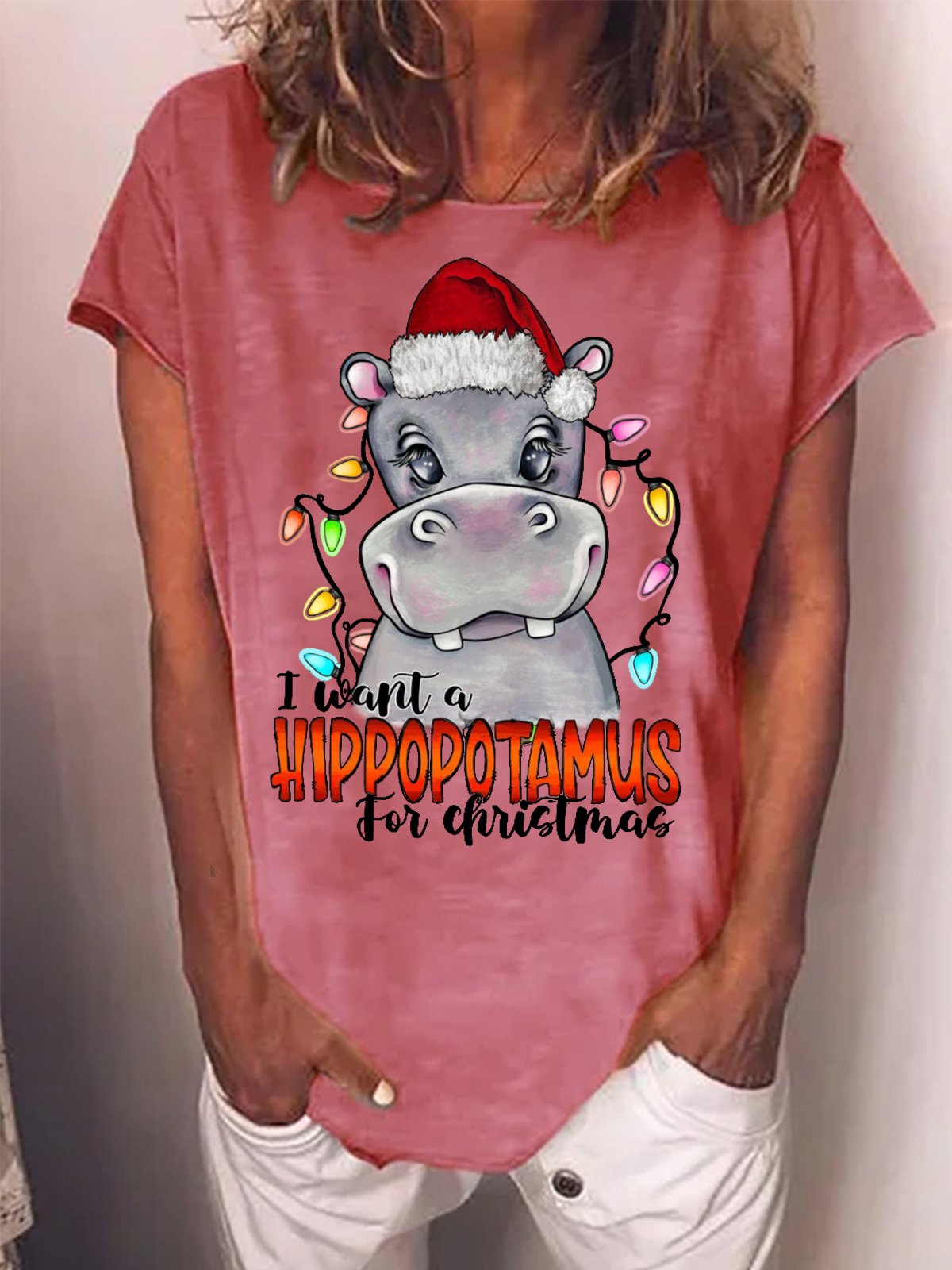 Women's I Was A Hippopotamus For Christmas Funny Graphics Printed Cotton-Blend Crew Neck T-Shirt