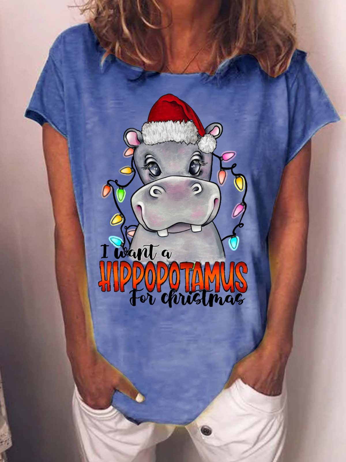 Women's I Was A Hippopotamus For Christmas Funny Graphics Printed Cotton-Blend Crew Neck T-Shirt