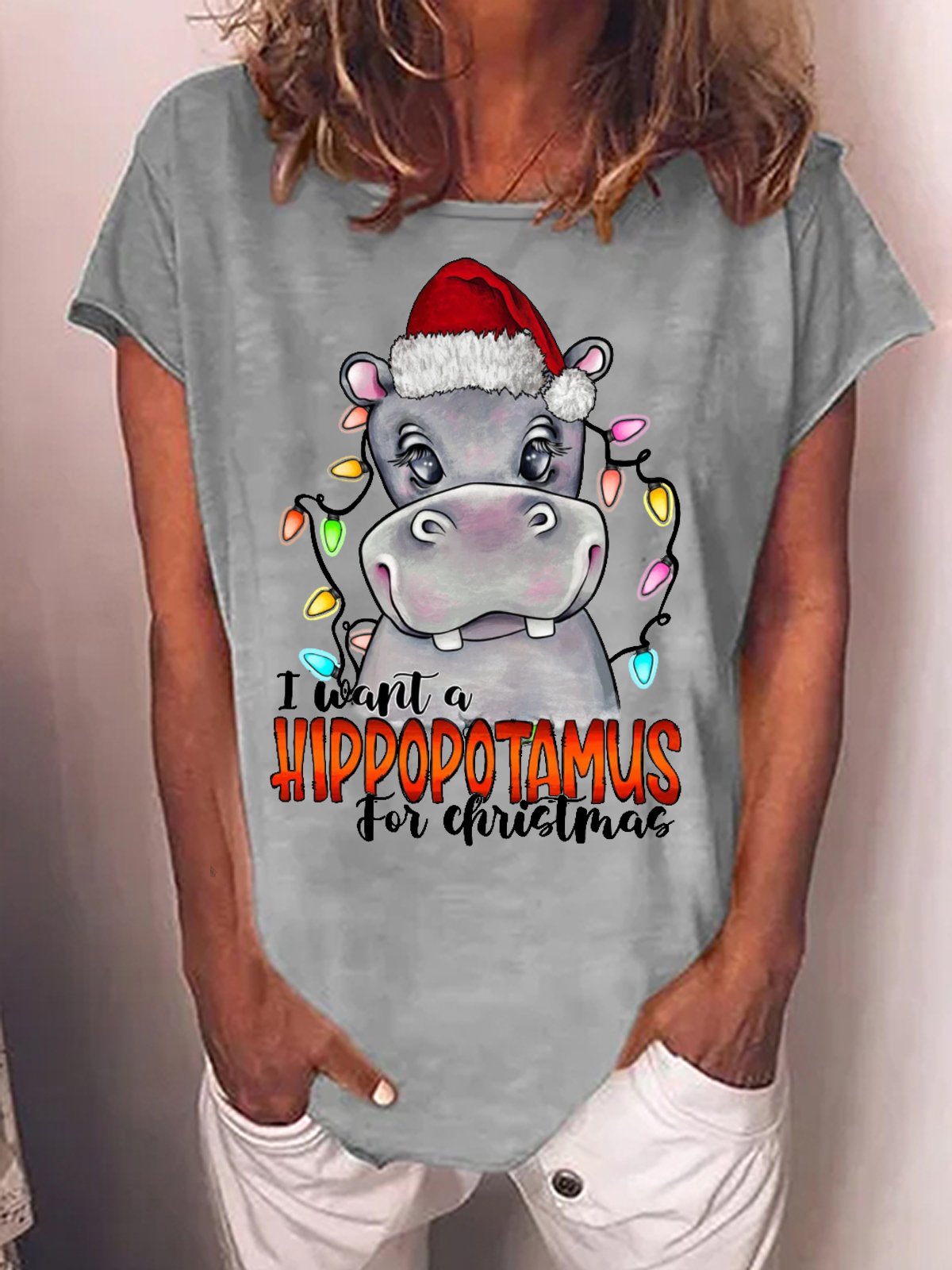 Women's I Was A Hippopotamus For Christmas Funny Graphics Printed Cotton-Blend Crew Neck T-Shirt