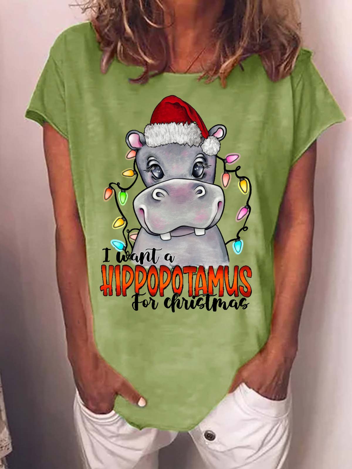 Women's I Was A Hippopotamus For Christmas Funny Graphics Printed Cotton-Blend Crew Neck T-Shirt