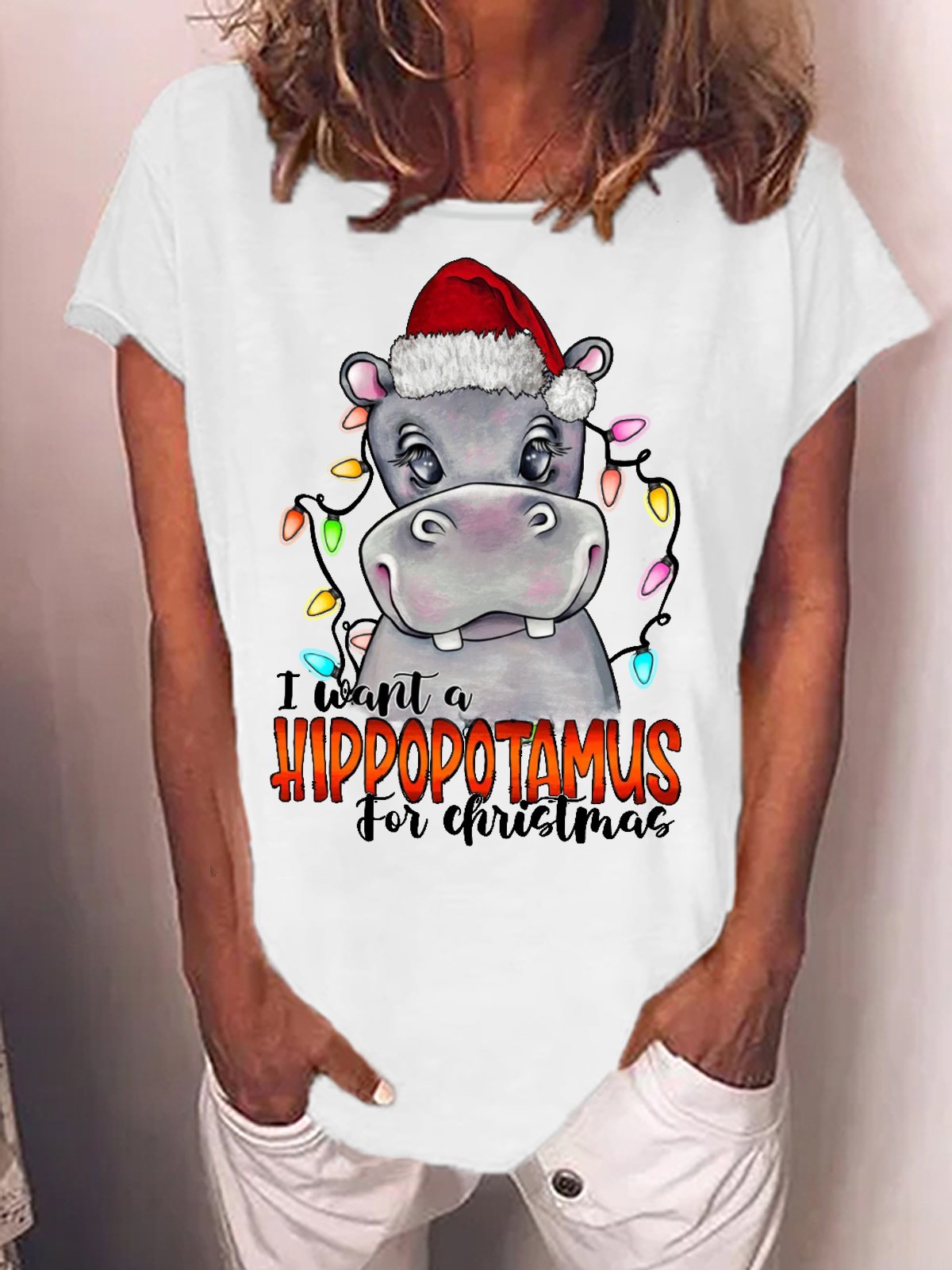 Women's I Was A Hippopotamus For Christmas Funny Graphics Printed Cotton-Blend Crew Neck T-Shirt