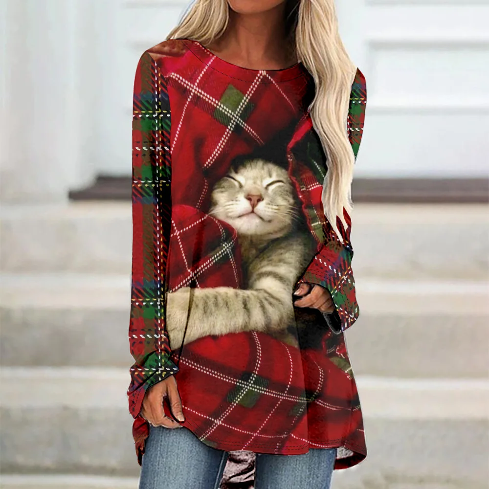 Womens Christmas Cat Plaid Crew Neck Top