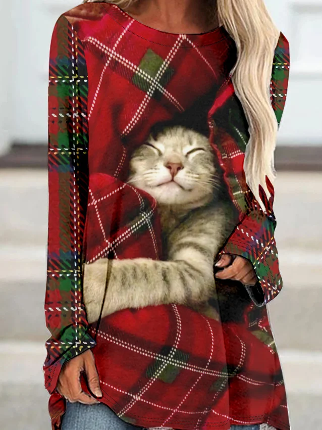 Womens Christmas Cat Plaid Crew Neck Top