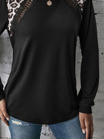 Leopard Casual Crew Neck Patchwork Lace Tunic T-Shirt