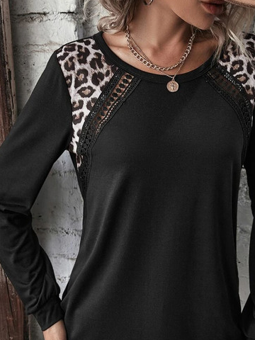 Leopard Casual Crew Neck Patchwork Lace Tunic T-Shirt