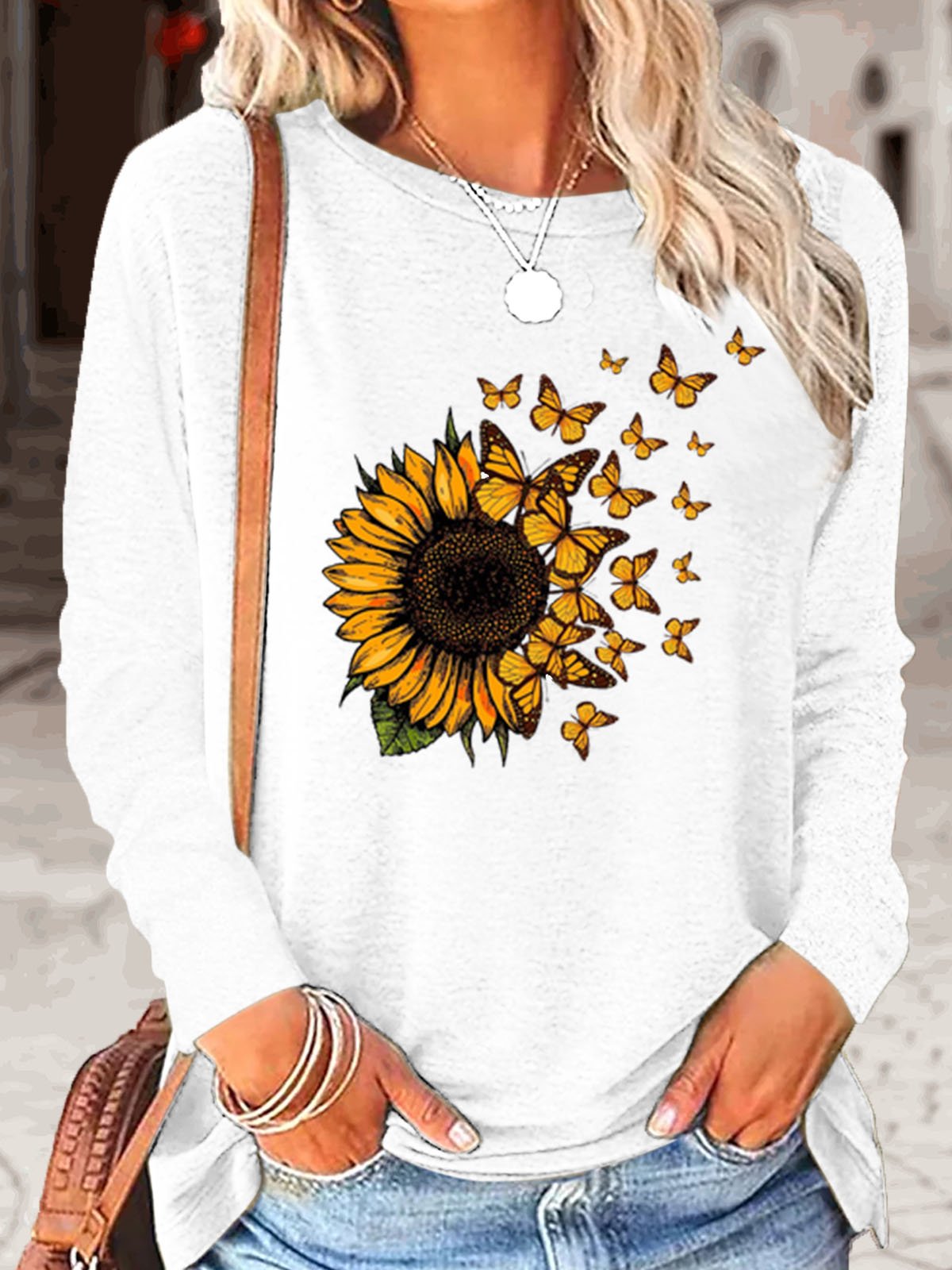 Women's Sunflower Butterfly Print Crew Neck Casual Top