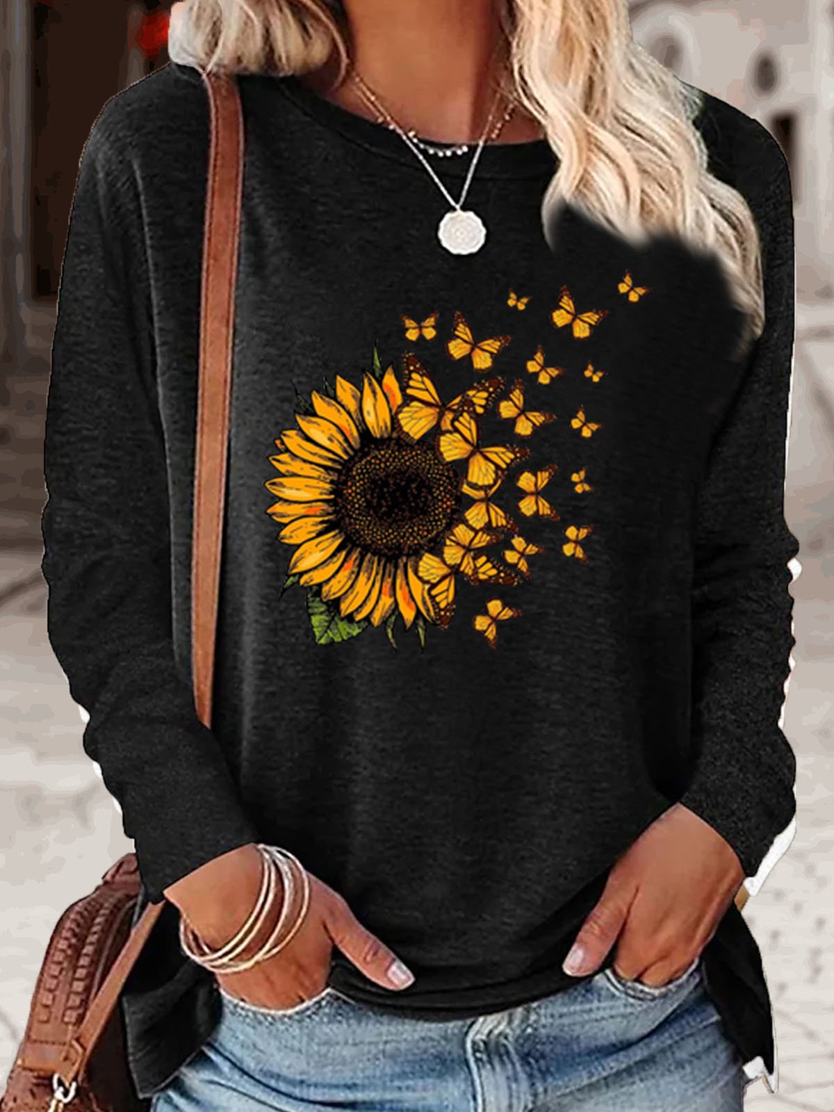 Women's Sunflower Butterfly Print Crew Neck Casual Top