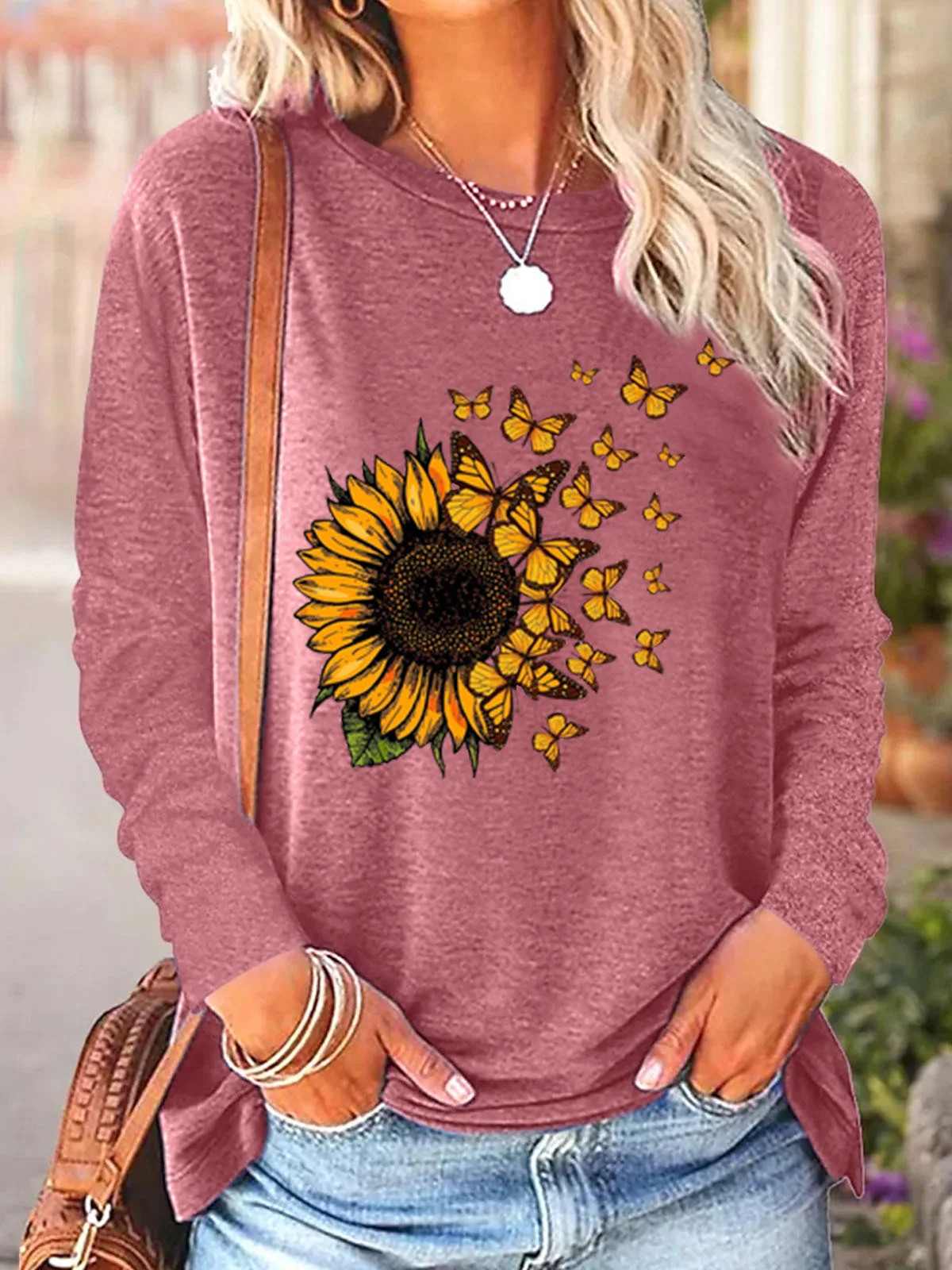 Women's Sunflower Butterfly Print Crew Neck Casual Top