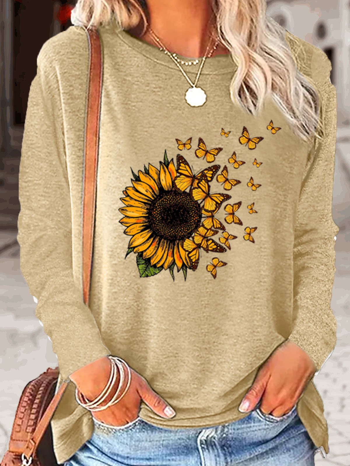 Women's Sunflower Butterfly Print Crew Neck Casual Top