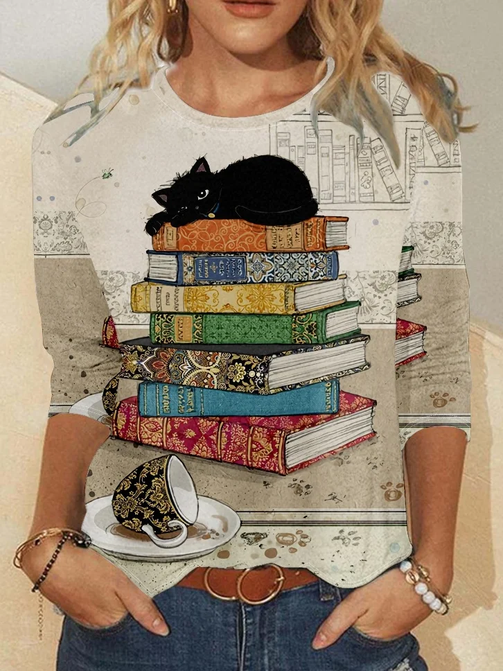 Women's Balck Cat Book Coffee Vintage Print Casual Top