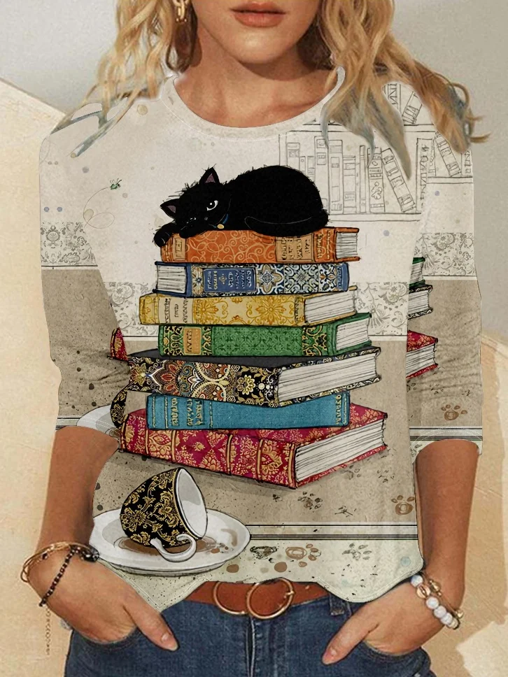 Women's Balck Cat Book Coffee Vintage Print Casual Top