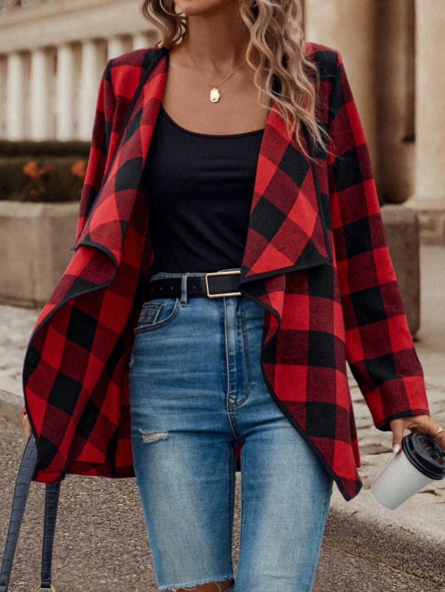 Plaid Casual Cross Neck Loose Other Coat