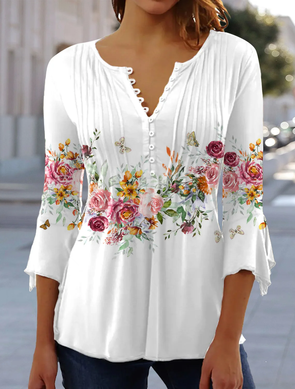 Women's Tunic Floral  V Neck Regular Fit Casual T-Shirt White Pink Blue Yellow Green Purple