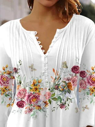 Women's Tunic Floral  V Neck Regular Fit Casual T-Shirt White Pink Blue Yellow Green Purple