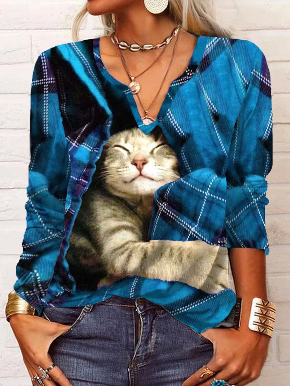 Casual Christmas Plaid Cat Long sleeve V Neck T-Shirt