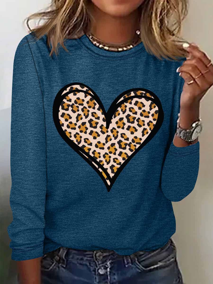 Women's Heart Leopard Simple Long Sleeve Top