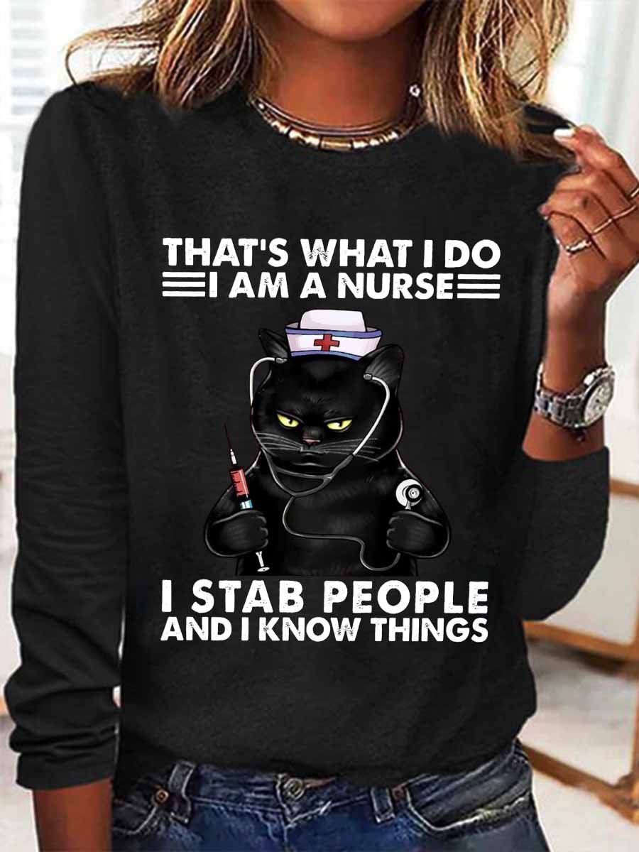 Women‘s Funny Word That's What I Do I Am A Nurse Black Cat Crew Neck Cotton-Blend Long Sleeve Top