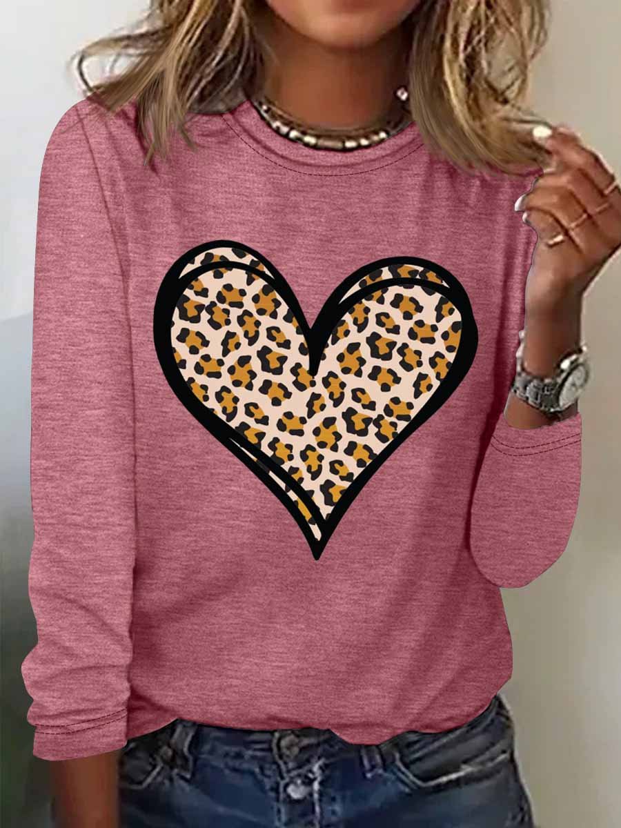 Women's Heart Leopard Simple Long Sleeve Top