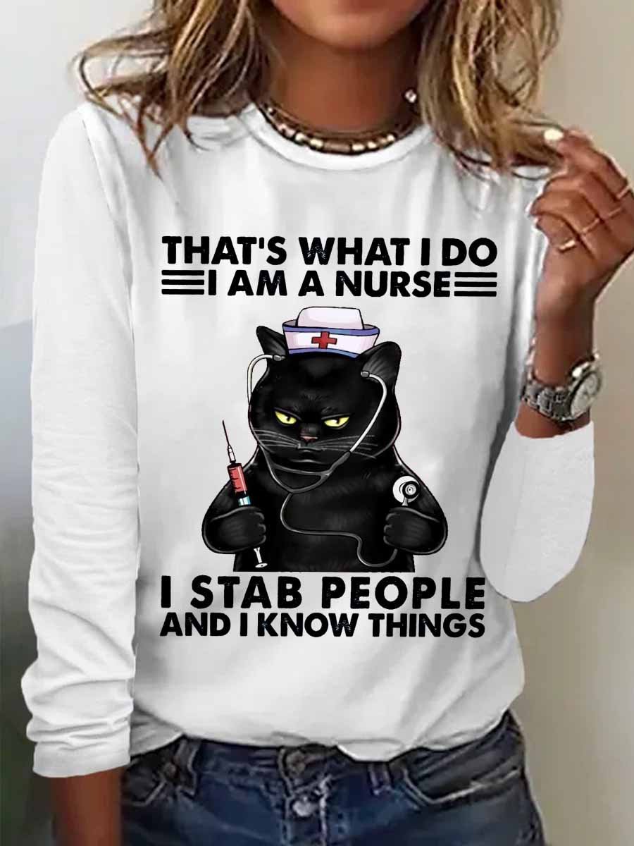 Women‘s Funny Word That's What I Do I Am A Nurse Black Cat Crew Neck Cotton-Blend Long Sleeve Top