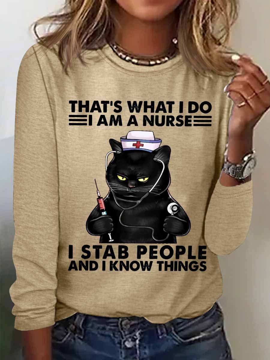 Women‘s Funny Word That's What I Do I Am A Nurse Black Cat Crew Neck Cotton-Blend Long Sleeve Top