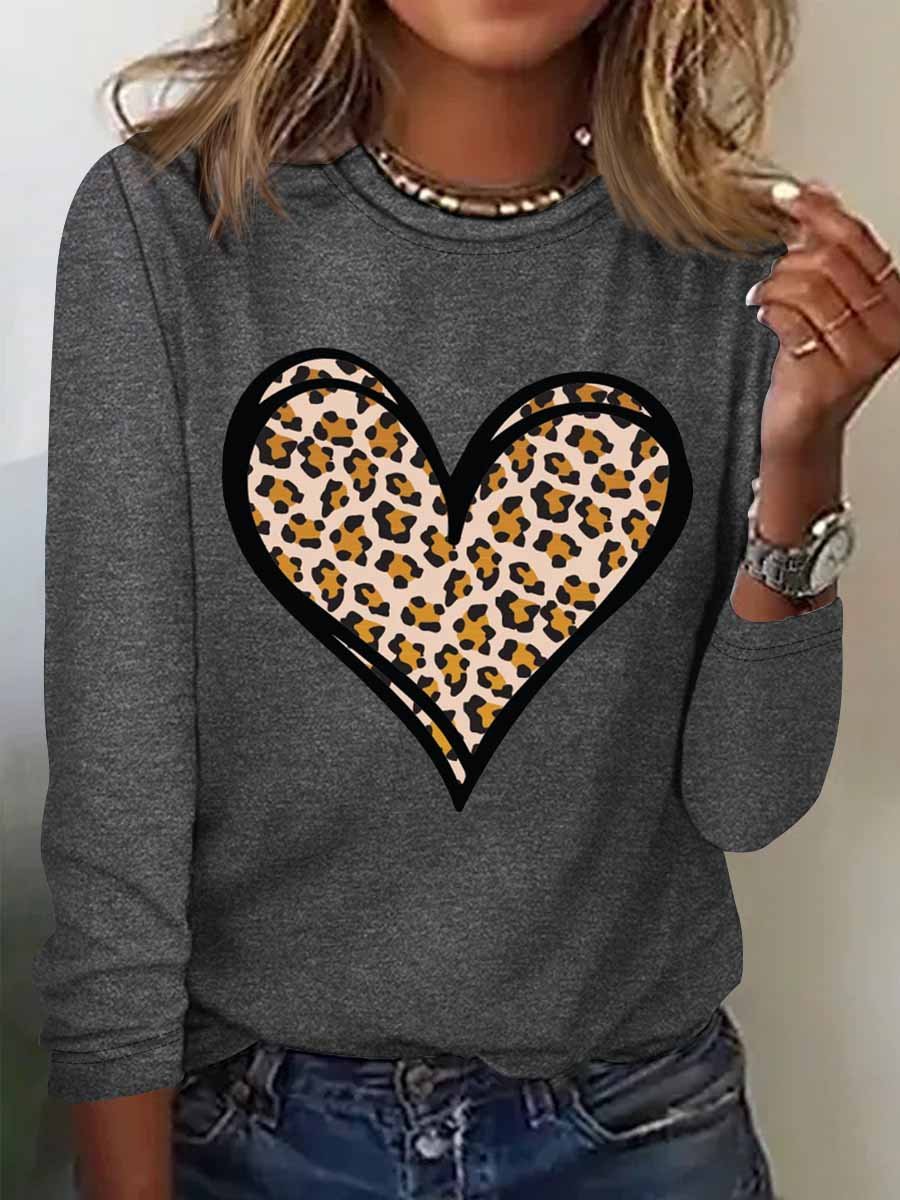 Women's Heart Leopard Simple Long Sleeve Top