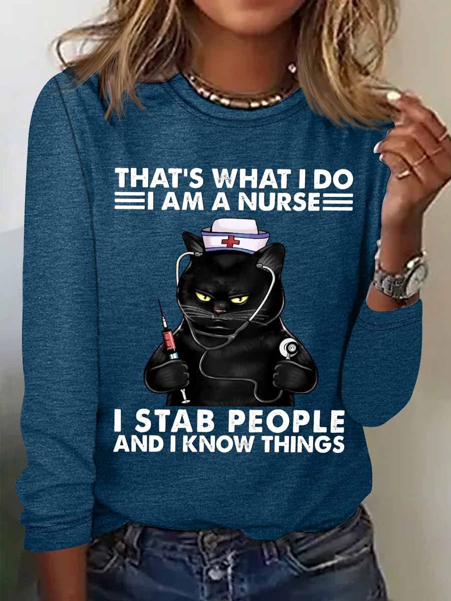 Women‘s Funny Word That's What I Do I Am A Nurse Black Cat Crew Neck Cotton-Blend Long Sleeve Top