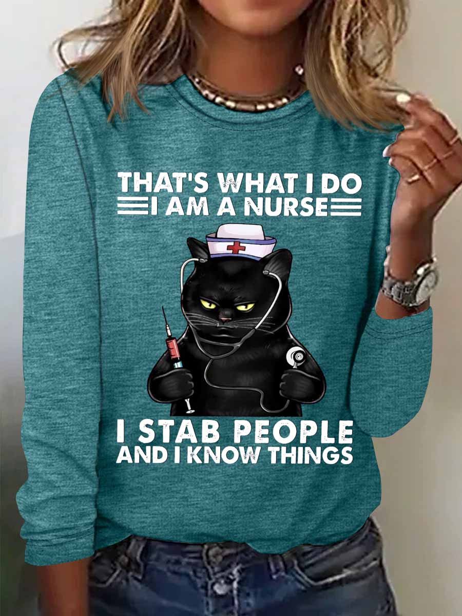 Women‘s Funny Word That's What I Do I Am A Nurse Black Cat Crew Neck Cotton-Blend Long Sleeve Top