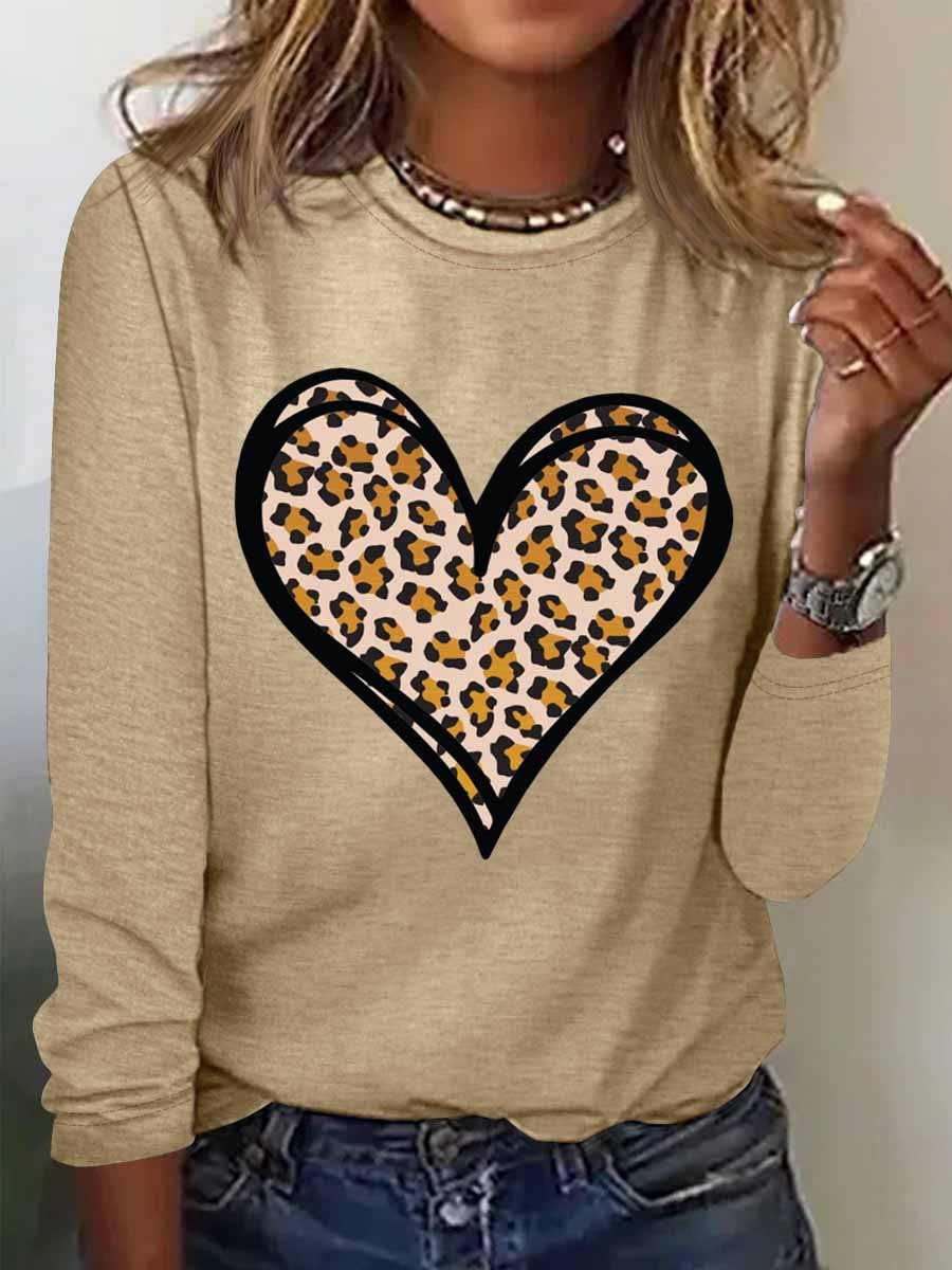 Women's Heart Leopard Simple Long Sleeve Top