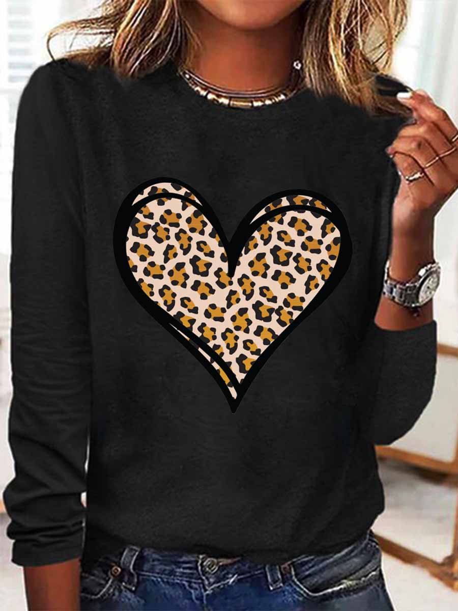 Women's Heart Leopard Simple Long Sleeve Top