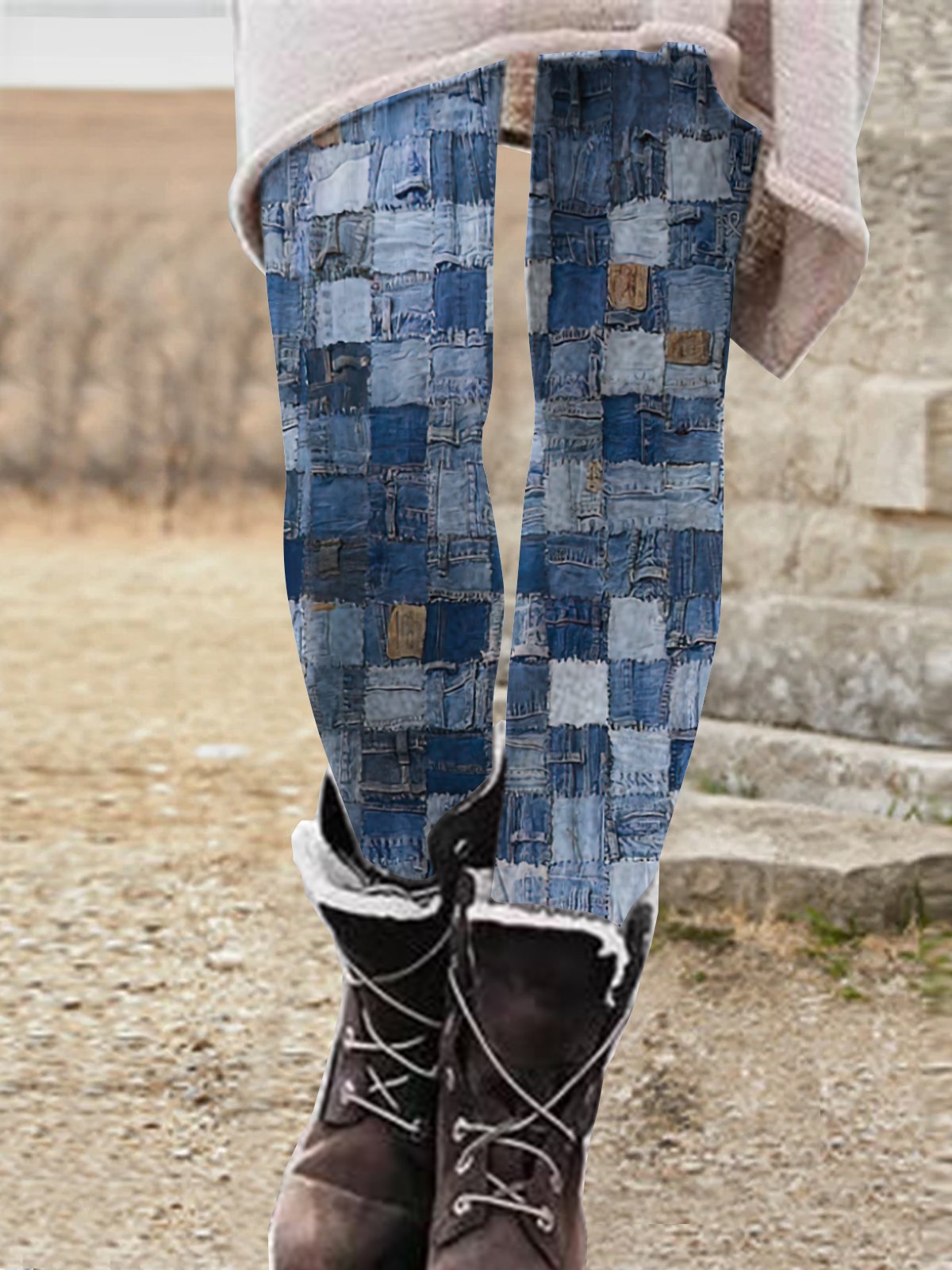 Denim-paneled printed stretch leggings