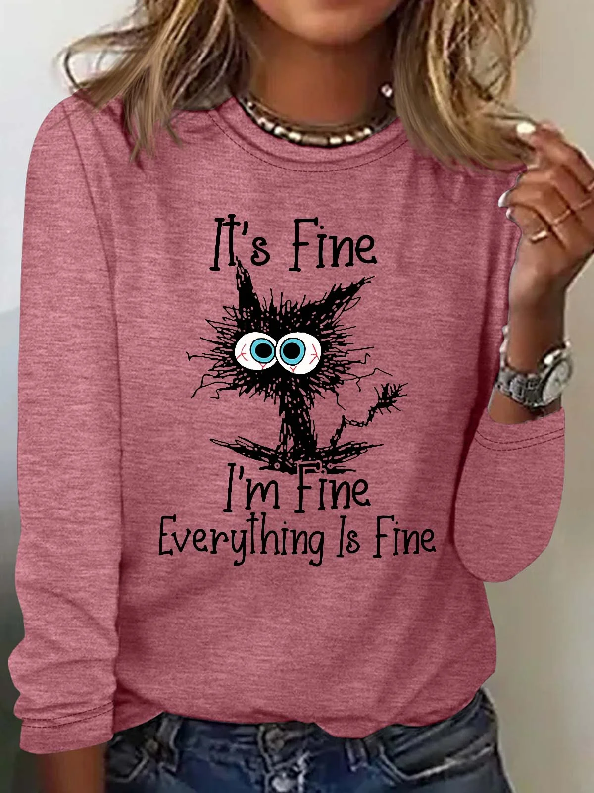 Women's Funny Grumpy Cat I'm Fine Lettter Casual Top