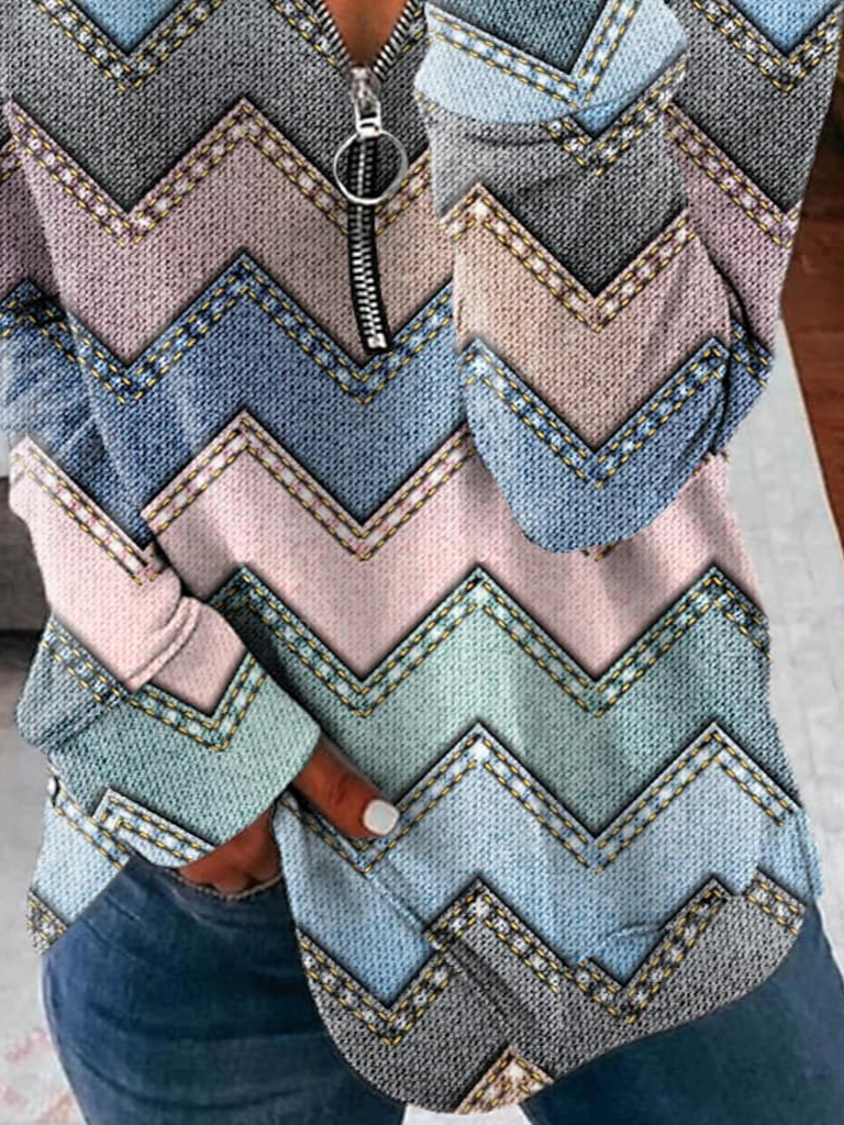 V Neck Geometric Regular Fit Casual Sweatshirt