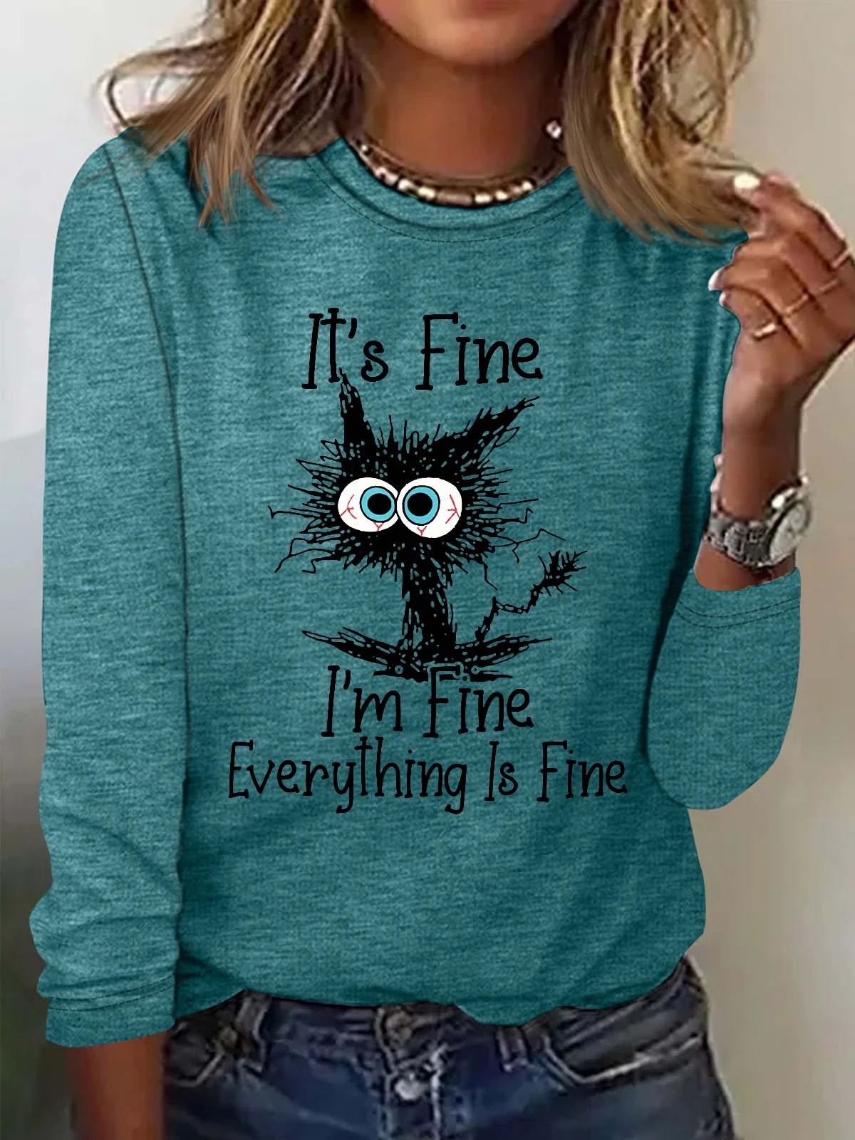 Women's Funny Grumpy Cat I'm Fine Lettter Casual Top