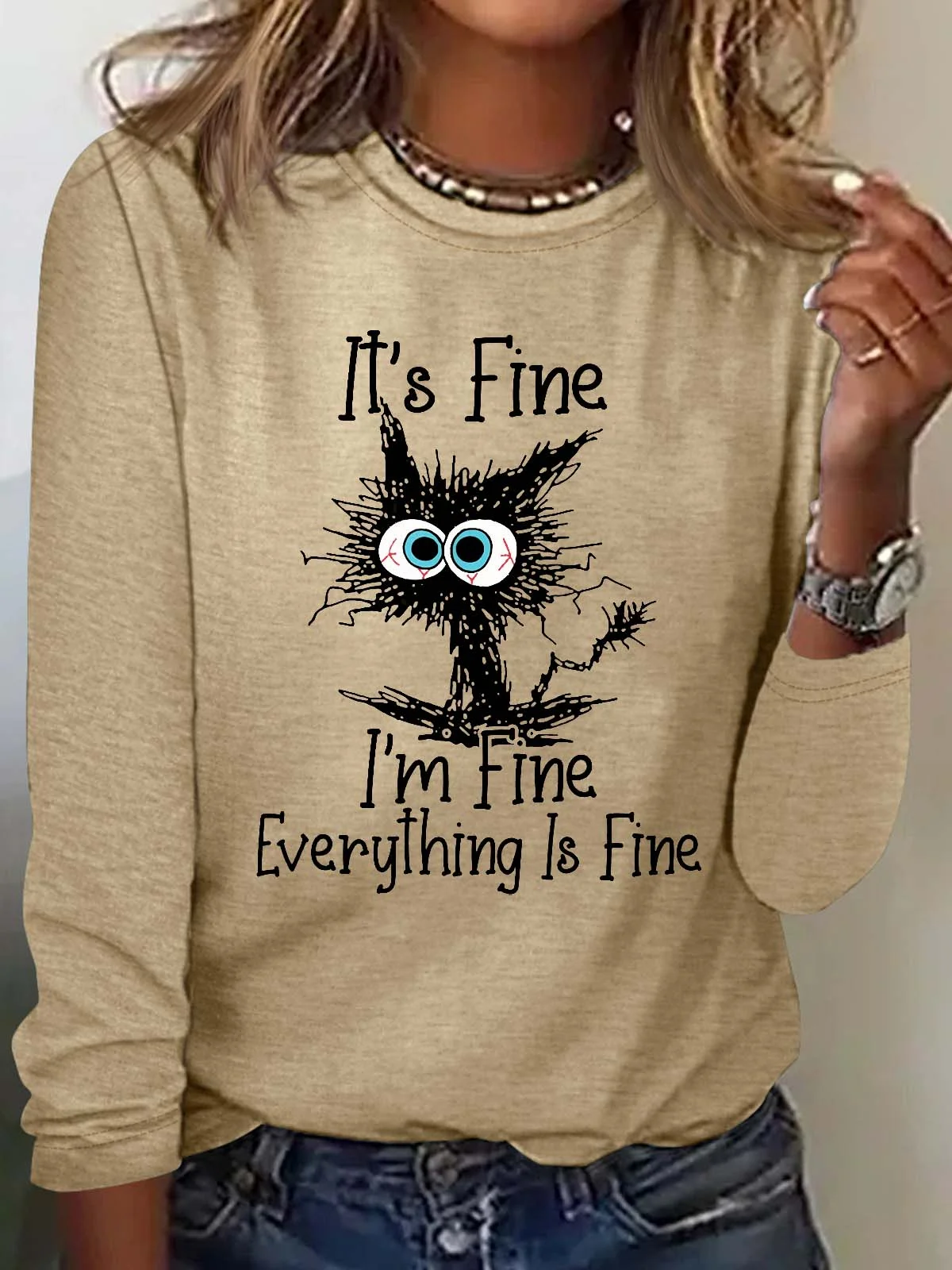 Women's Funny Grumpy Cat I'm Fine Lettter Casual Top