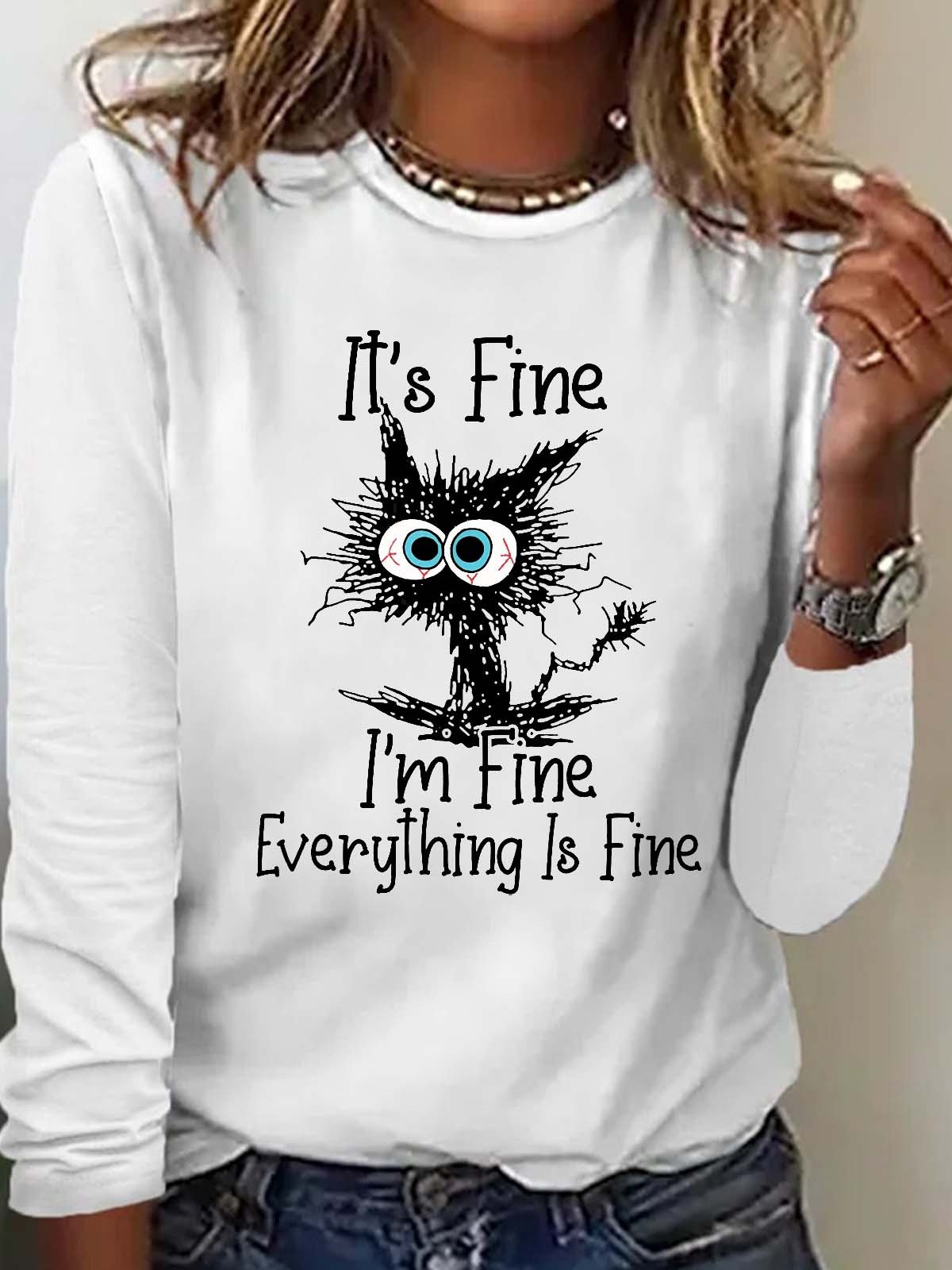 Women's Funny Grumpy Cat I'm Fine Lettter Casual Top