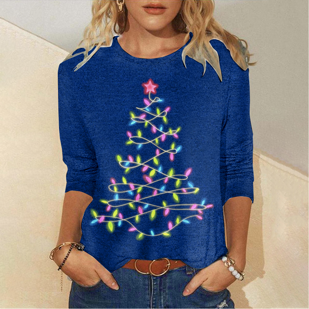 Womens Christmas Tree Light Crew Neck Top