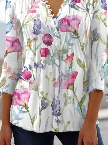 V Neck Floral Flare Sleeve Casual Top