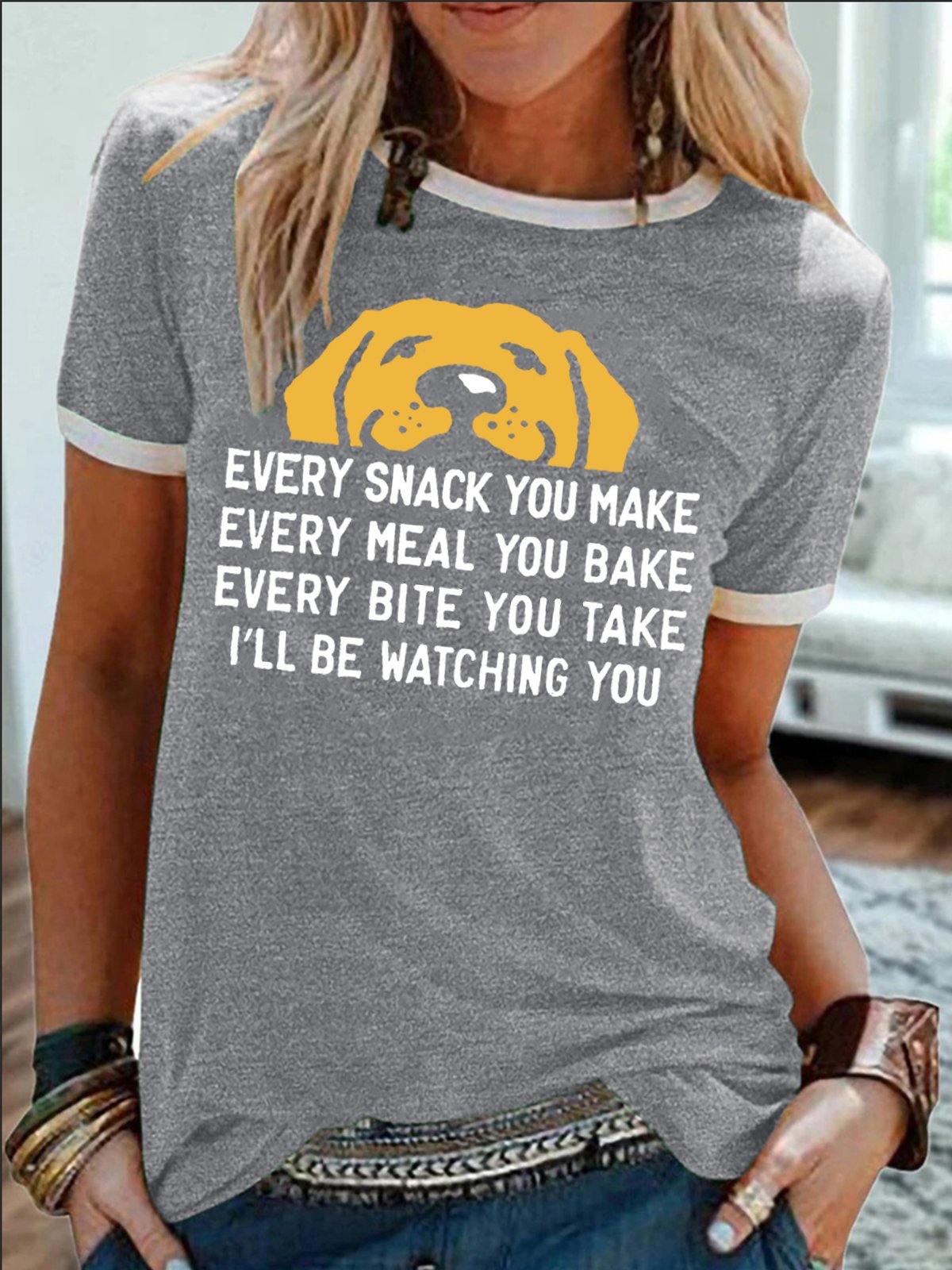 Women's Every Snack You Make I Will Be Watching You Funny Dog Graphic Print Casual Cotton-Blend Dog Crew Neck T-Shirt