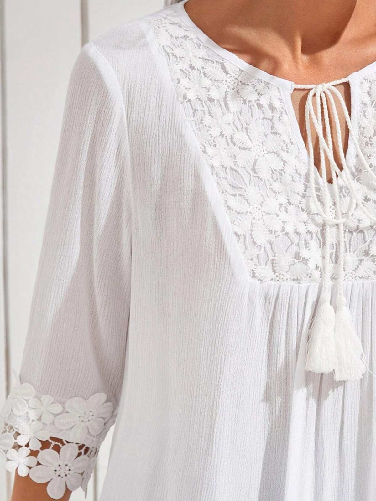 Contrast Guipure Lace Tie Neck Tassel Blouse