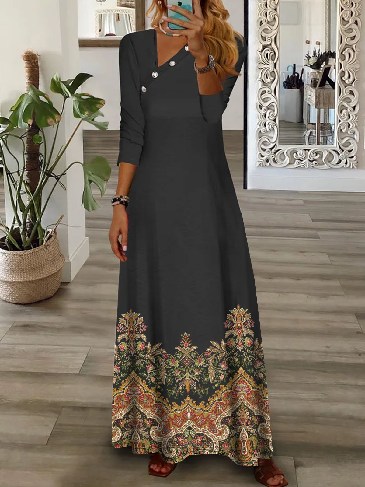 Buckle Ethnic Printed Asymmetrical Collar Casual Dress